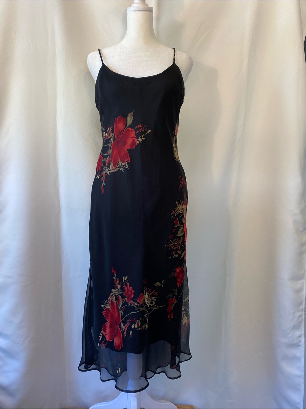 Vintage Dark Cottagecore Strappy Black Floral Hi Low Midi Dress 10 Sheer Goth